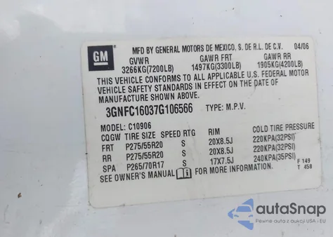 2007 Chevrolet Suburban 1500 Ltz z USA, uszkodzony, nr VIN 3GNFC16037G106566